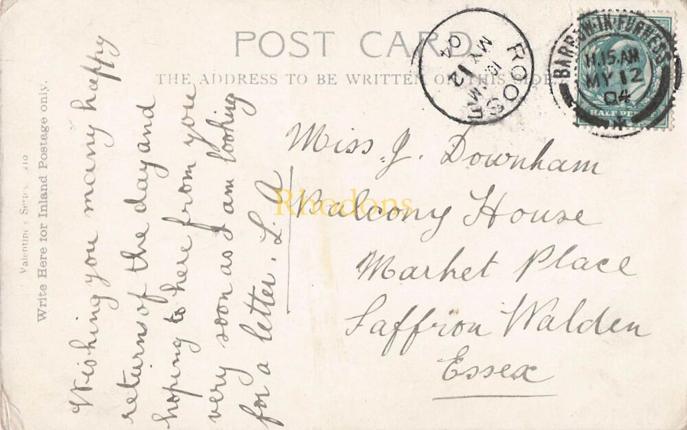 Genealogy, Family History Research Postcard-Miss J DOWNHAM, Saffron Walden, Essex, 1904-Dual Postmarks