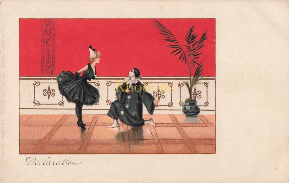 Pierrot and Columbine-Declaration-Early 1900s C W Faulkner Postcard-After Florence Hardy Illustration