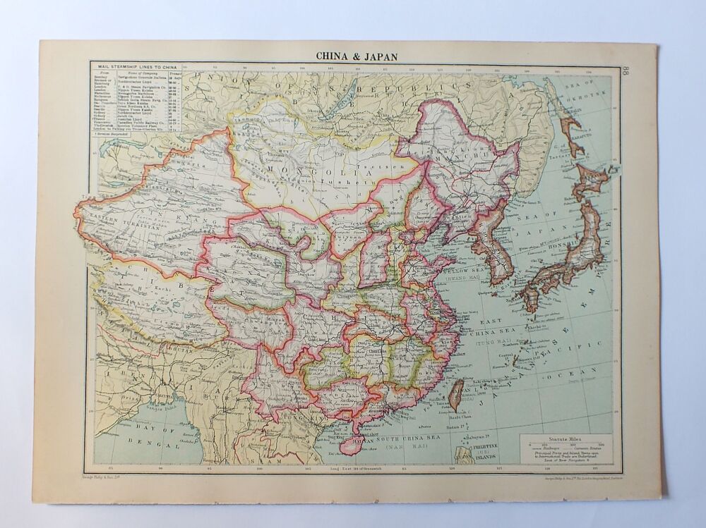 Map of China and Japan-Cassells 1930s Atlas Map Print-Sheet #88