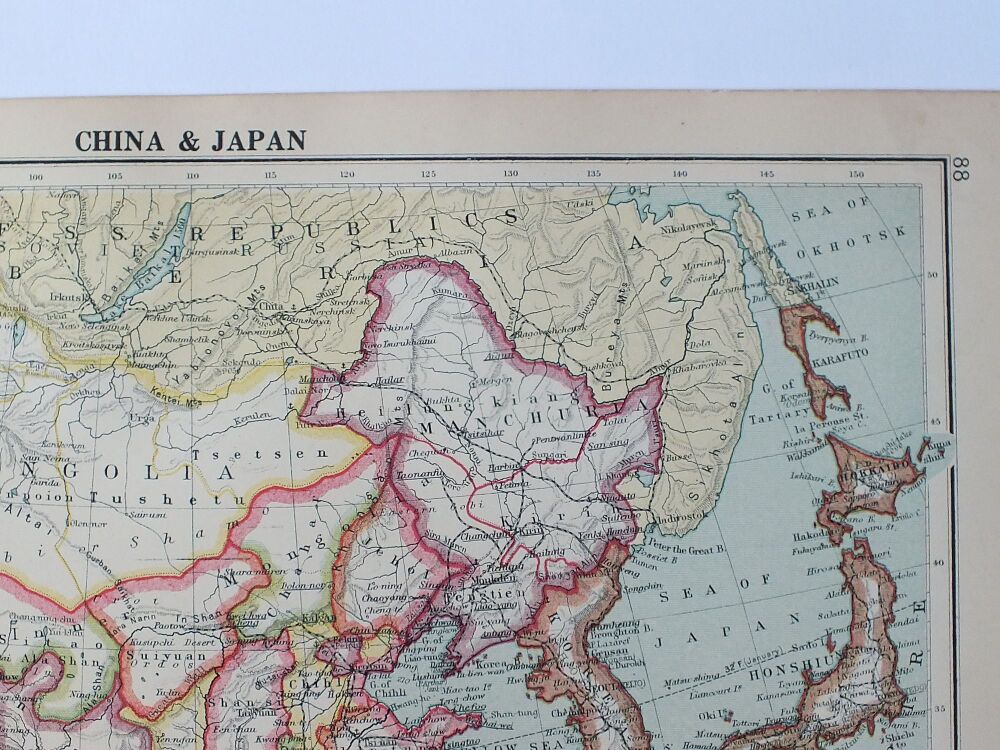 Map of China and Japan-Cassells 1930s Atlas Map Print-Sheet #88