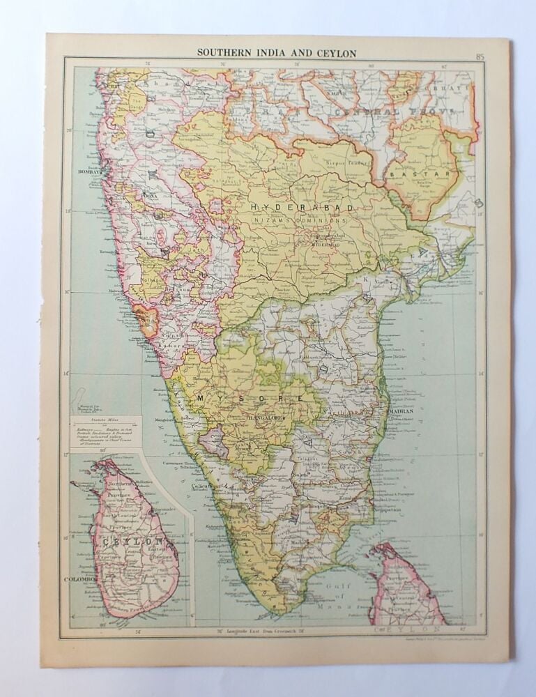 Map of Southern India and Ceylon-Cassells 1930s Atlas Map Print-Sheet #85