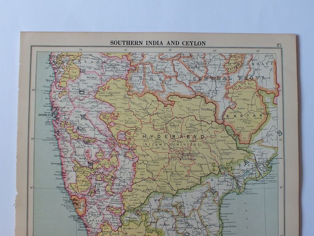 Map of Southern India and Ceylon-Cassells 1930s Atlas Map Print-Sheet #85