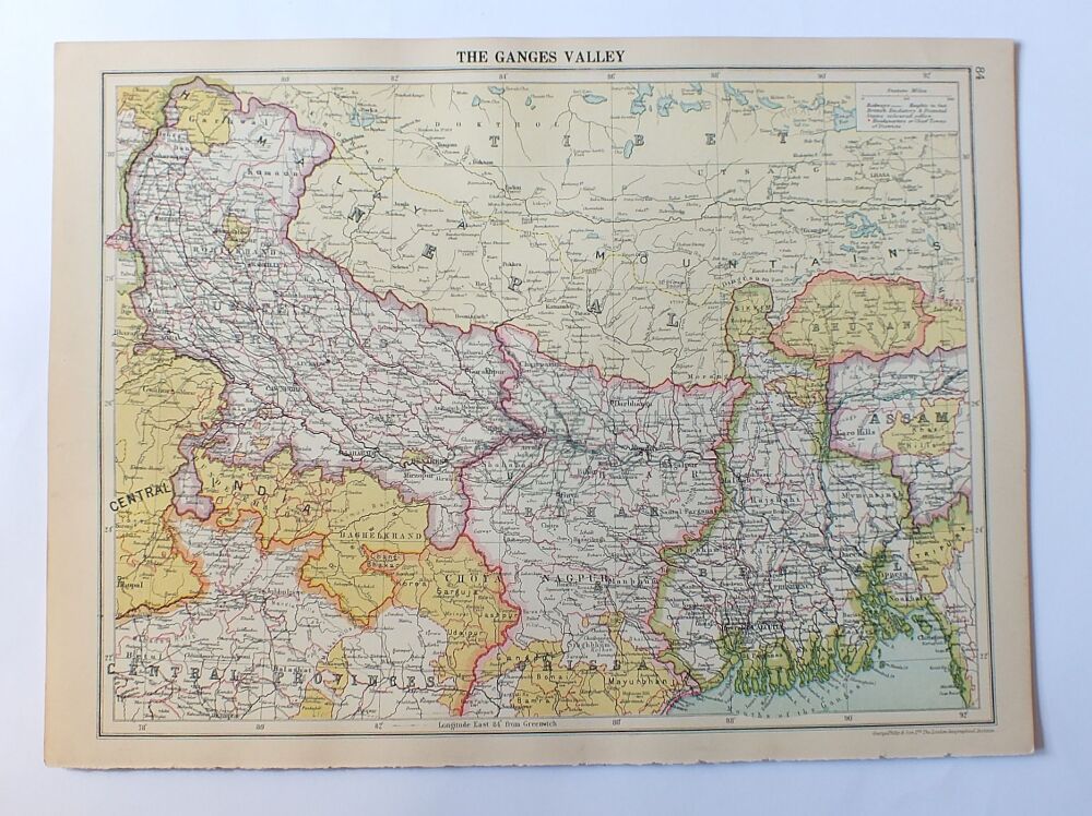 Map of The Ganges Valley, India-Cassells 1930s Atlas Map Print Sheet #84