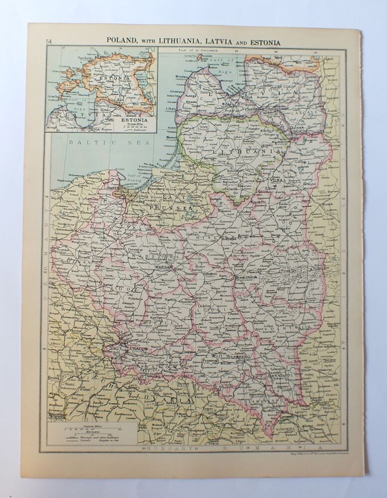 Map of Poland With Lithuania, Latvia and Estonia-Cassells New Atlas (5th Edition-May 1930)