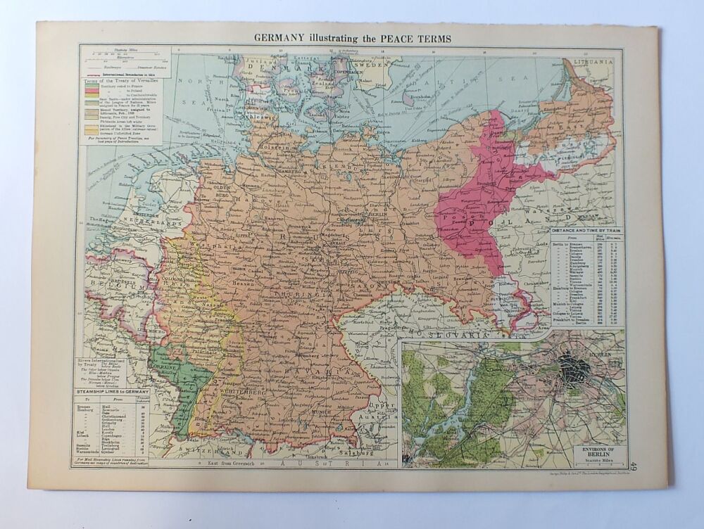 Map of Germany Illustrating The Peace Terms ( With Environs of Berlin Inset)-Cassells 1930s New Atlas