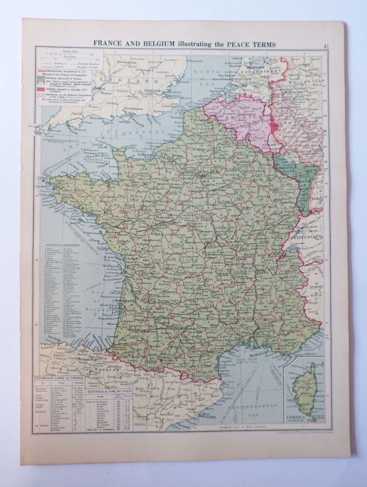 Map of France and Belgium Illustrating The Peace Terms-1930s Map Print-Cassells