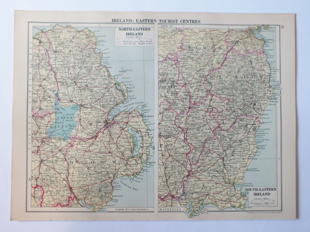 Map of Ireland: Eastern Tourist Centres-1930s Cassells New Atlas Map Print