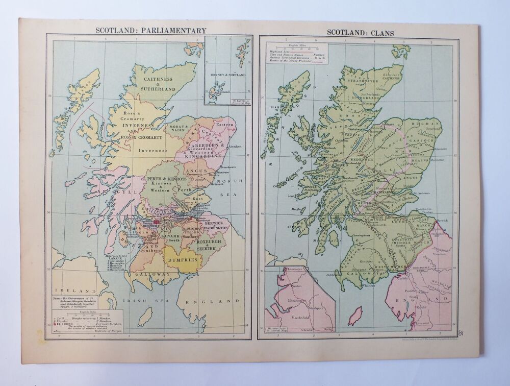 Vintage Map Sheet-Scotland Parliamentary and Scotland Clans-Cassells-1930s