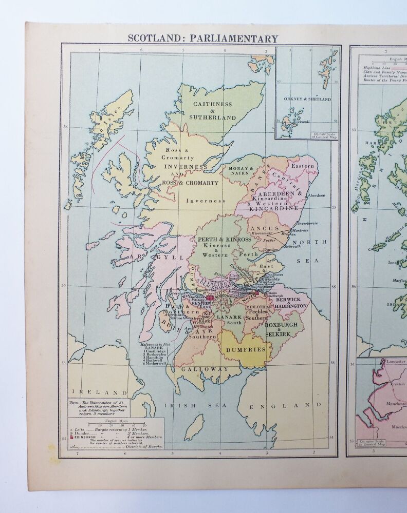 Vintage Map Sheet-Scotland Parliamentary and Scotland Clans-Cassells-1930s
