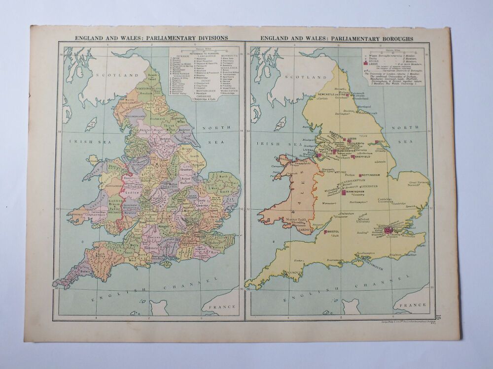 Map of England and Wales: Paliamentary Divisions and Paliamentary Boroughs-1930s Cassells Atlas Print