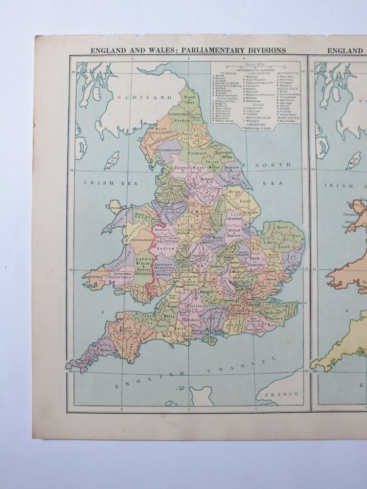Map of England and Wales: Paliamentary Divisions and Paliamentary Boroughs-1930s Cassells Atlas Print