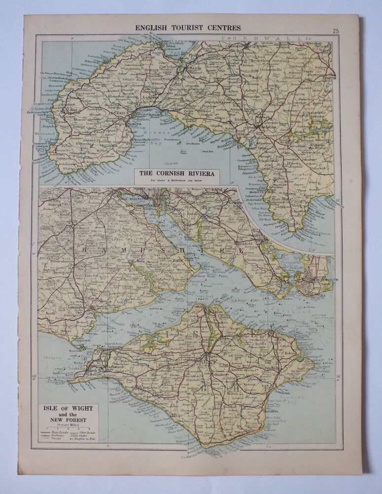 Map of English Tourist Centres-The Cornish Riviera, Isle of Wight and The New Forest-Cassells 1930s Atlas Print