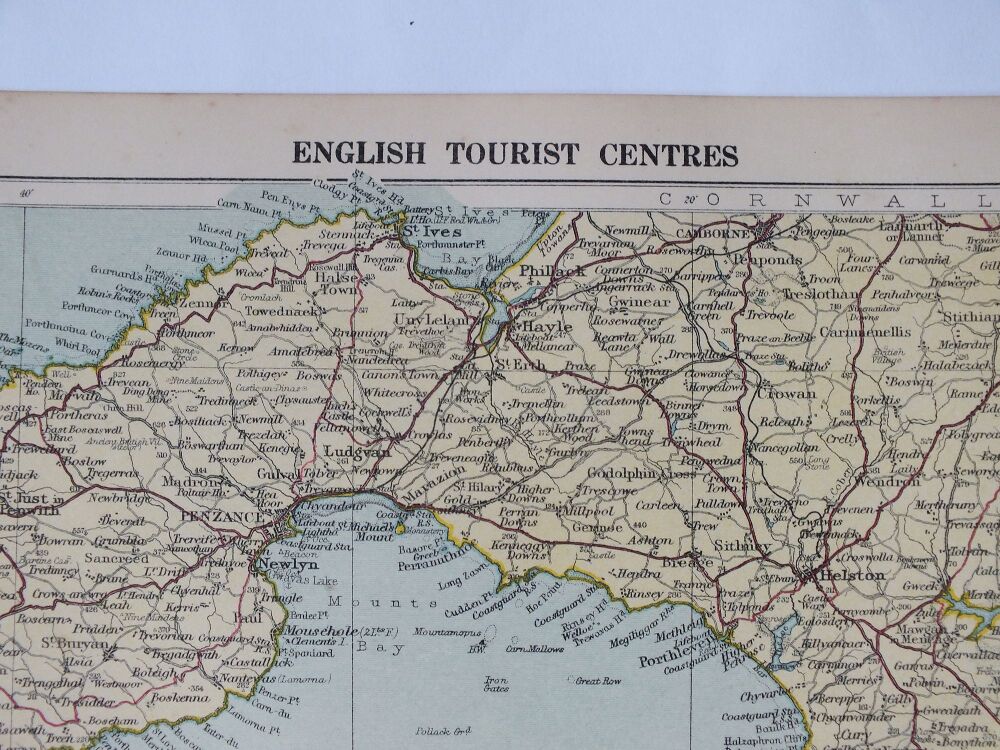 Map of English Tourist Centres-The Cornish Riviera, Isle of Wight and The New Forest-Cassells 1930s Atlas Print