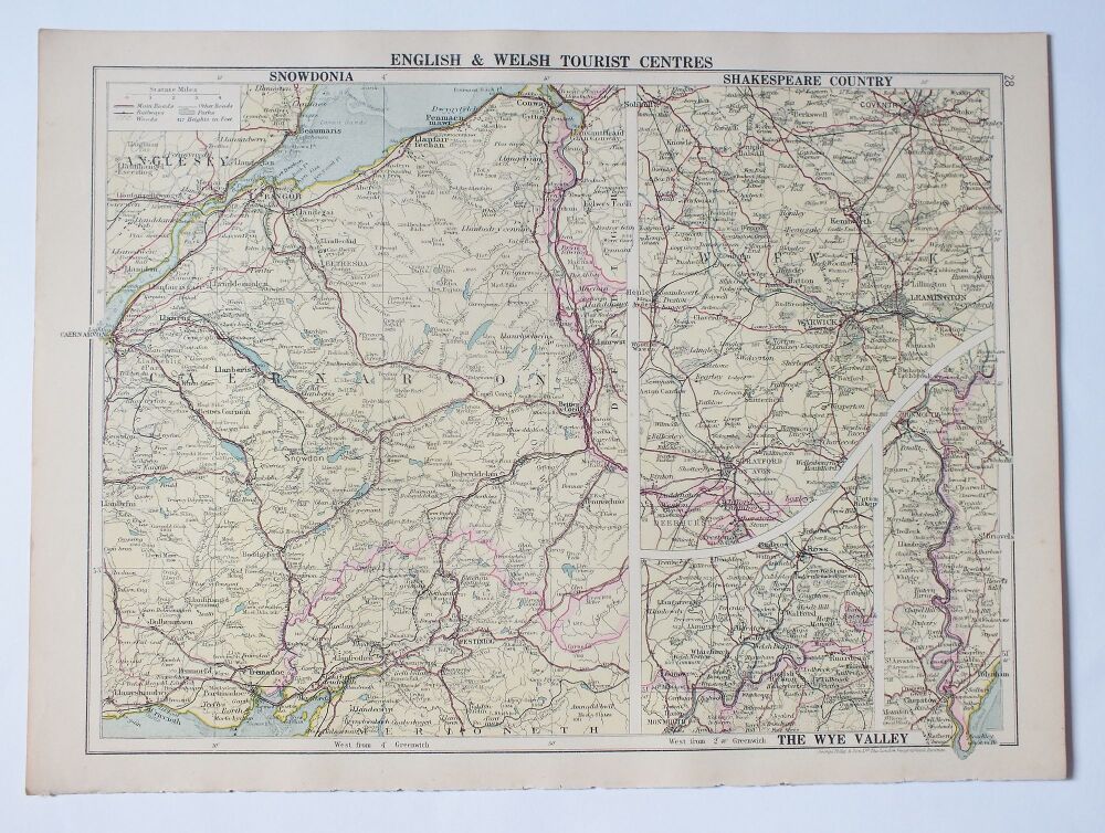 Map of English and Welsh Tourist Centres-Snowdonia, Shakespeare Country, The Wye Valley-1930s Vintage