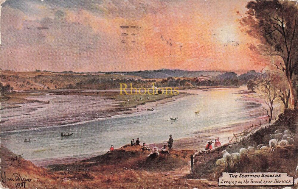 Tucks Postcard-Evening On The Tweed Near Berwick-The Scottish Borders Series Oilette Card No 3465 | Miss ROBISON Gateshead 1940s