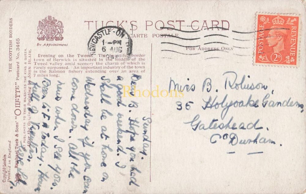 Tucks Postcard-Evening On The Tweed Near Berwick-The Scottish Borders Series Oilette Card No 3465 | Miss ROBISON Gateshead 1940s
