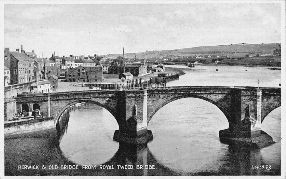 Northumberland Postcard-Berwick on Tweed-Berwick and Old Bridge From Royal Tweed Bridge-Valentines Bromotone Series