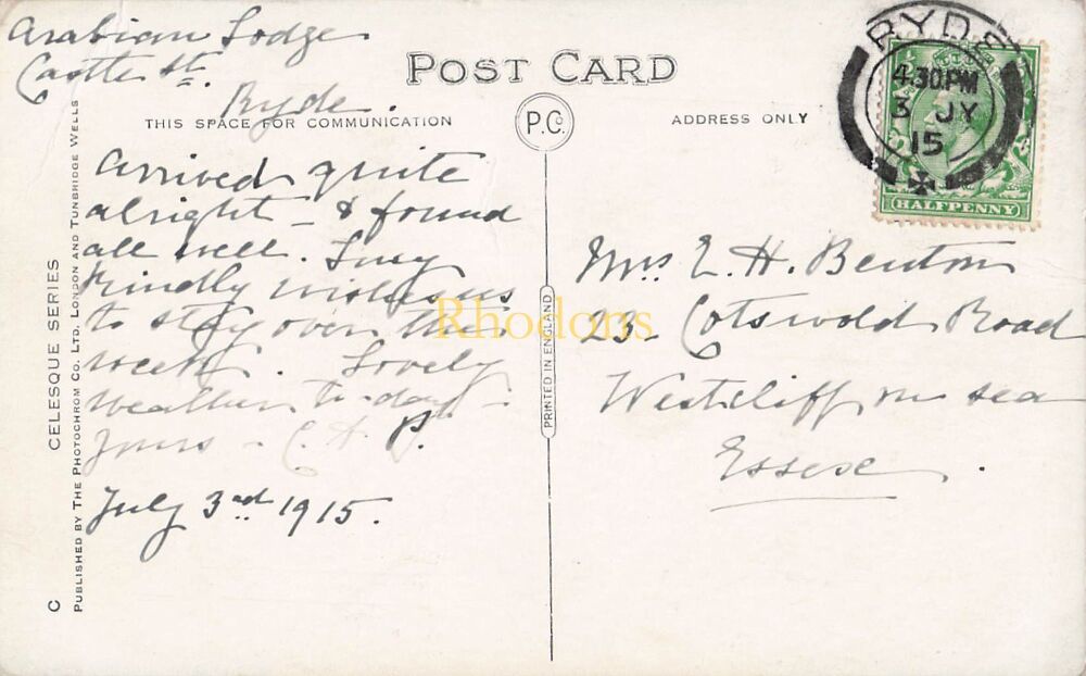 Isle of Wight Postcard-Aply Tower, Ryde, IOW-Early 1900s Photochrom Celesque Series