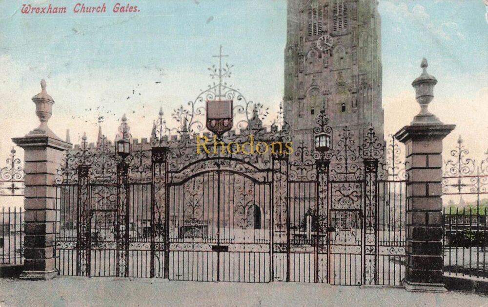 Wales Postcard-Wrexham Church Gates-Early 1900s Gwenfro Series Colour Tinted PC