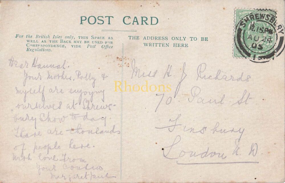 Shropshire Postcard-Haughmond Abbey-Edwardian Colour Tinted Photo PC | Miss H RICHARDS, Finsbury London, 1905