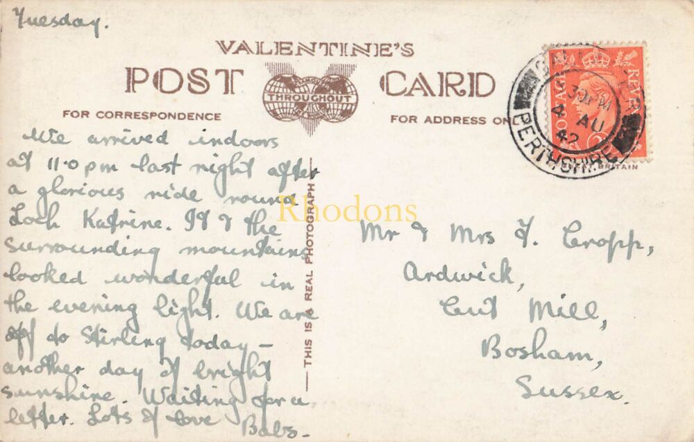 Scotland Postcard-Loch Katrine and Ben Venue-1940s Valentines Real Photo | CROPP Family, Bosham, Sussex