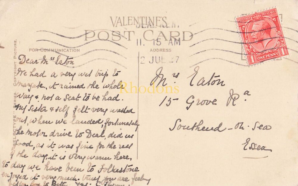 Kent Postcard-Walmer Castle, Deal, Kent-1920s Valentines Series | Sent To Mrs EATON, Southend on Sea 1927