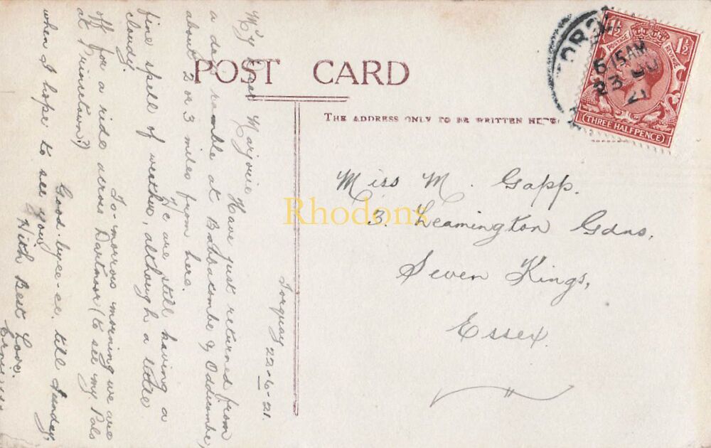 Devon Postcard-Natural Arch, Torquay-Early 1920s RPPC | Genealogy Interest Postcard-Miss M GAPP, Seven Kings, Essex, 1921