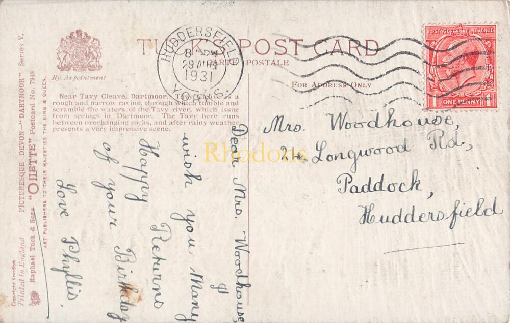 Devon Postcard-Near Tavy Cleave, Dartmoor-1930s Tucks Oilette PC No 7948 | Genealogy Interest-Mrs WOODHOUSE, Paddock, 1931