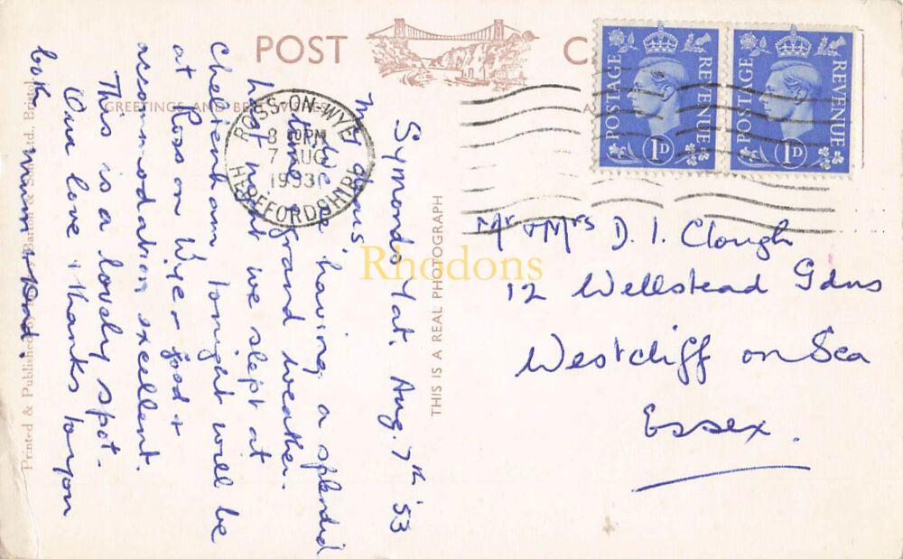 Herefordshire Postcard-River Wye Railway From Yat Rock, Symonds Yat-Harvey Barton RPPC