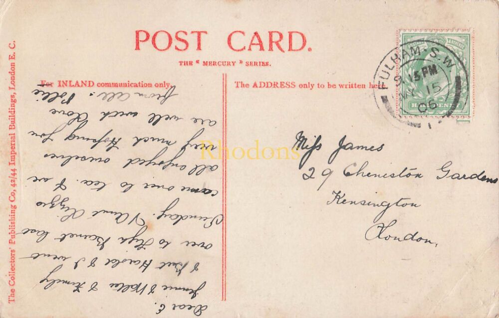 Genealogy Postcard-Miss JAMES, Cheniston Gardens, Kensington London 1906 | Fulham Palace From Fulham Church PC