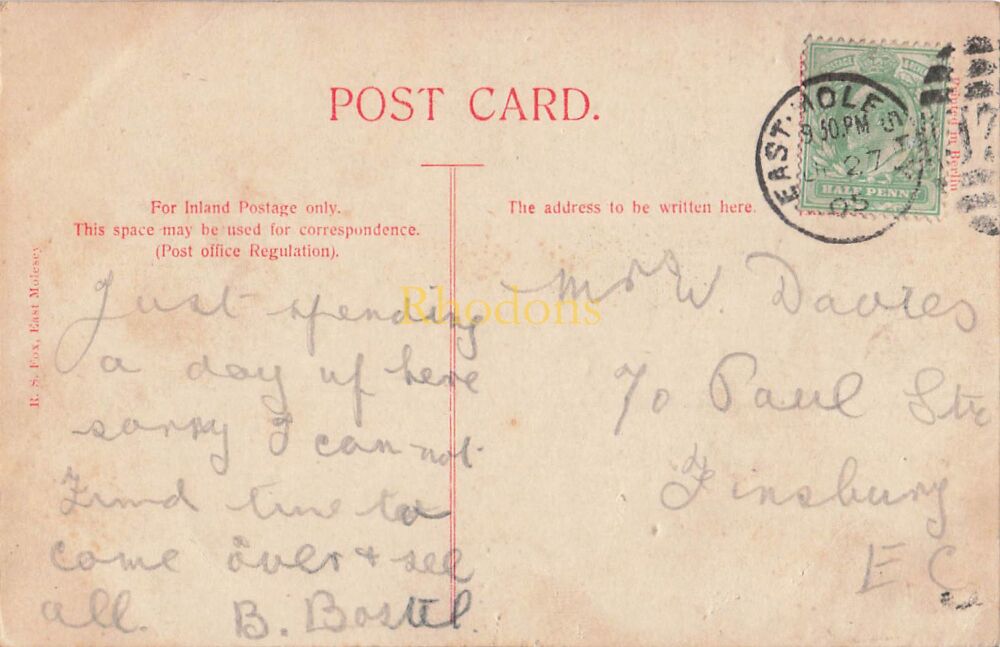 Genealogy Postcard-Mrs W DAVIES, Paul Street, Finsbury London E-1905 | Trophy Gates, Hampton Court-R S Fox, East Molesey PC