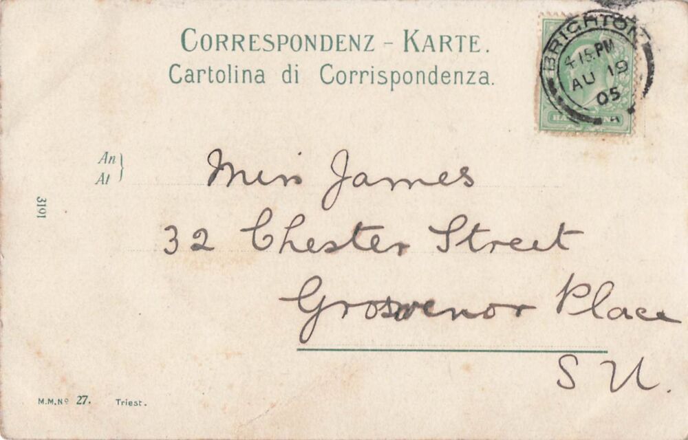 Italy Postcard-Trieste, Plazza della Borsa-Early 1900s | Miss JAMES, Chester St, London. August 1905