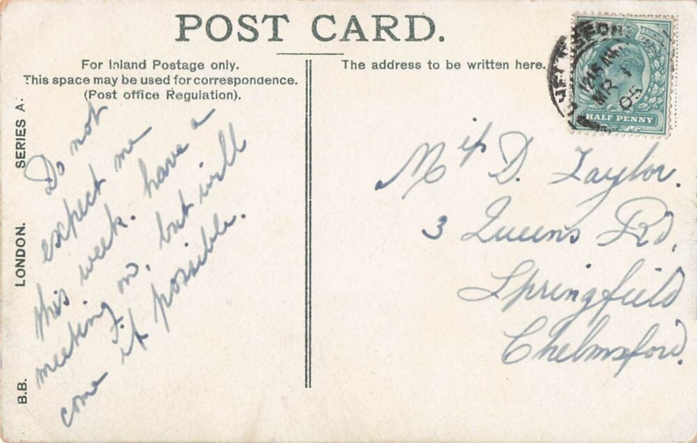 London Postcard-Buckingham Palace-Edwardian Colour Tinted Photo View | Miss D TAYLOR, Chelmsford, 1905