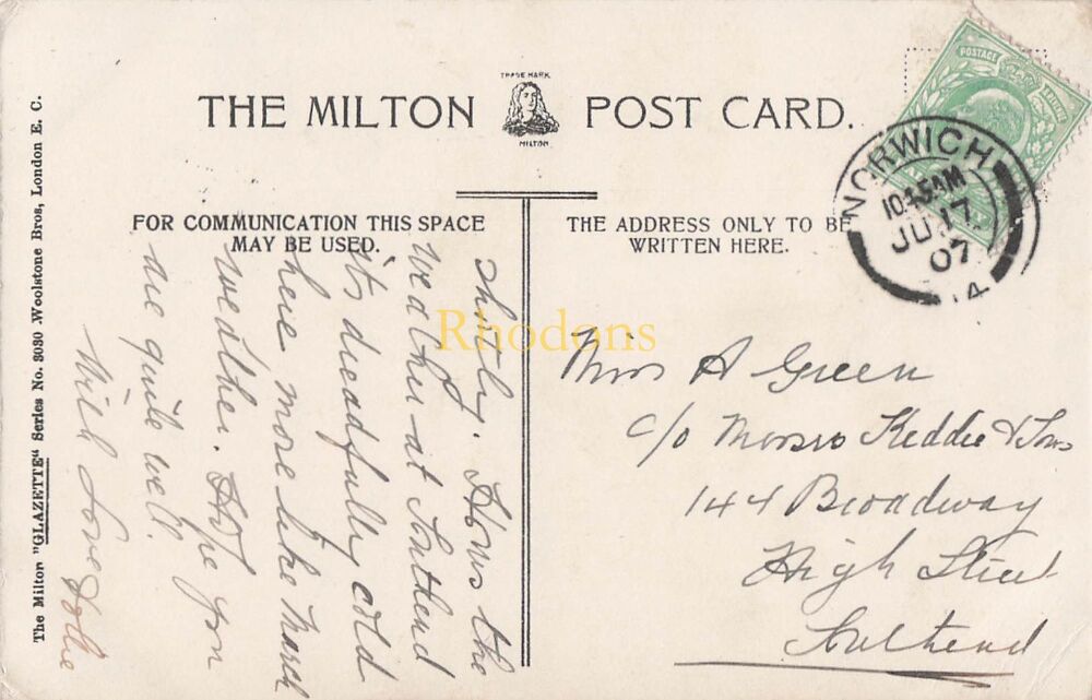 Devon Postcard-The River, Dawlish-Edwardian Era Milton Glazette Series No 3030 PC | Miss A GREEN c/o Keddie & Sons Southend, Essex 1907