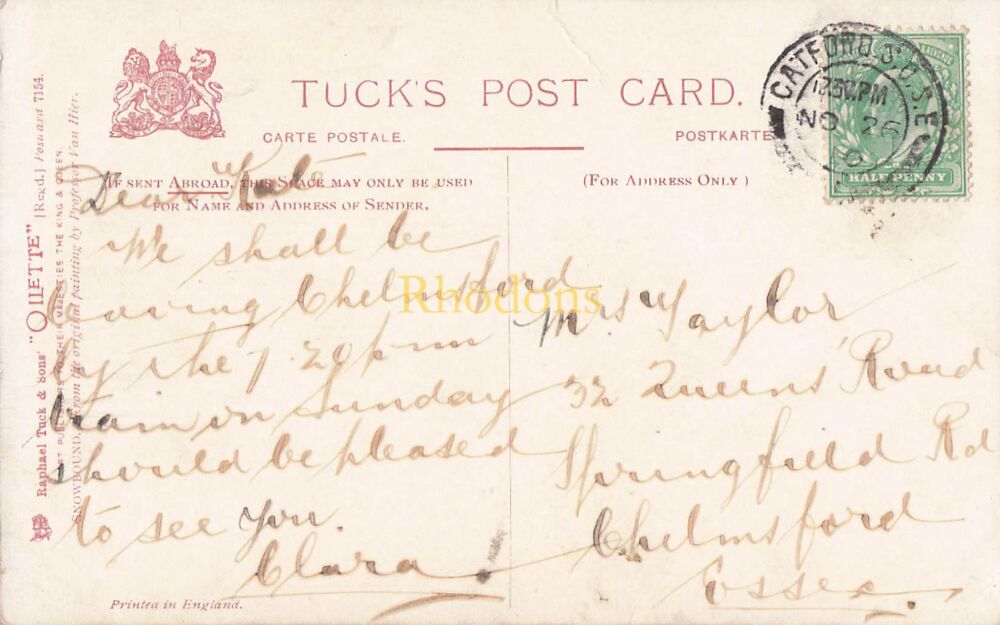 Raphael Tuck Postcard-Edwardian Tucks Oilette Art PC-Snowbound #7154 | Mrs Kate TAYLOR, Chelmsford. 1910