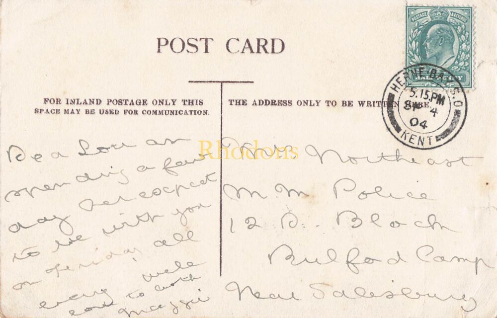Kent Postcard-Herne Church, Herne Bay-Edwardian Era PC | Mrs NORTHEAST, M M Police, Bulford Camp, 1904