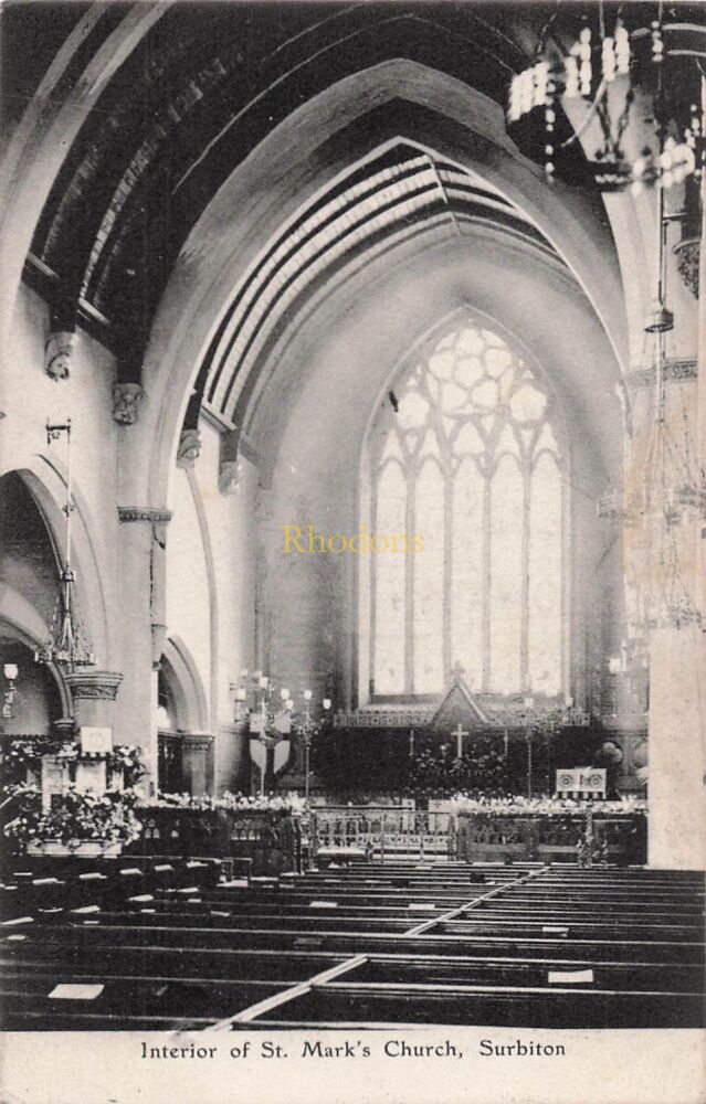 Surrey Postcard-St Marks Church, Surbiton-Interior View-Edwardian Photo PC | Miss JAMES, Kensington W 1907