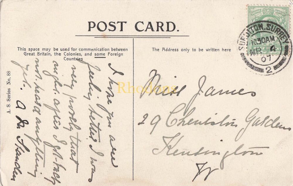 Surrey Postcard-St Marks Church, Surbiton-Interior View-Edwardian Photo PC | Miss JAMES, Kensington W 1907