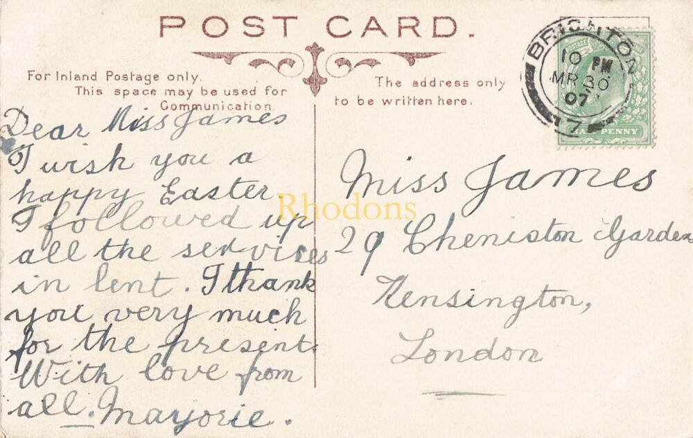 Sussex Postcard-St Bartholomews Church, Brighton, View of New Pulpit-Early 1900s PC | Miss JAMES, Kensington, London, 1907