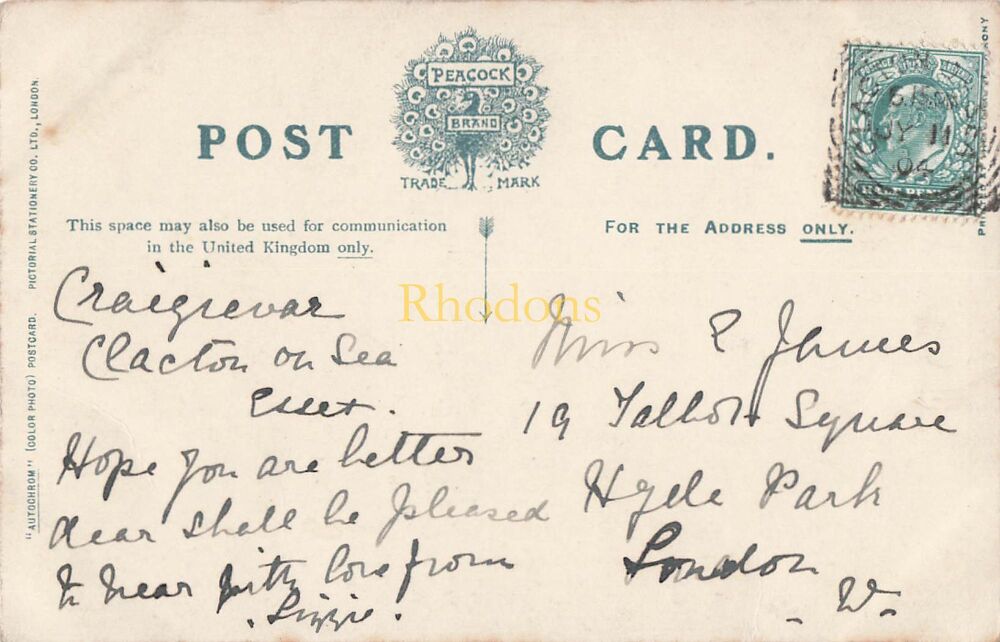 Essex Postcard-Clacton on Sea, St Osyth Priory-Early 1900s, Peacock Series | Miss E JAMES, Hyde Park London 1904