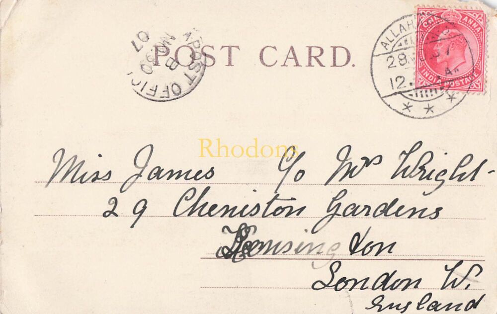 India Postcard-All Saints Church, Allahbad, India, J Shapoorjee & Co | Miss JAMES, Kensington W London, 1907