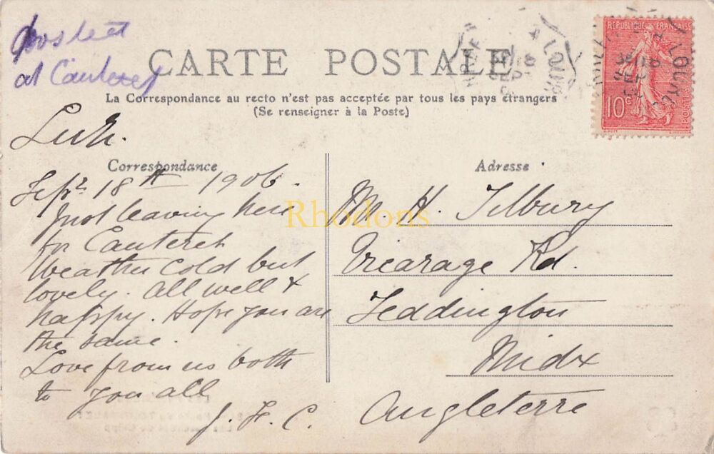 France Postcard-Les Pyrenees, Route Du Tourmalet, Les Cascades de Gripp-Early 1900s PC | Mr H TILBURY, Teddington 1906