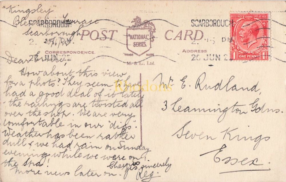 Yorkshire Postcard- Scarborough, Yorks-Rough Sea North Bay-1920s National Series PC | Mr E RUDLAND, Seven Kings, Essex 1924