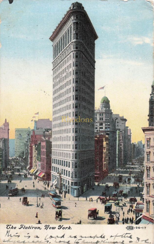 USA Postcard-The Flat Iron Building, New York-Early 1900s | Mr E H DENTON, Southend on Sea Essex 1908