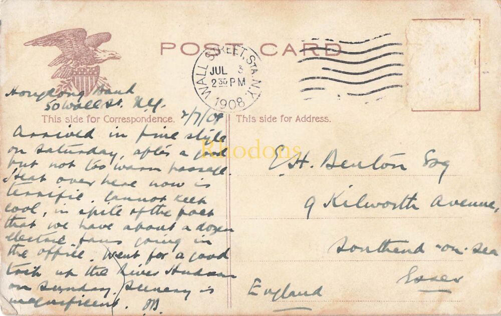 USA Postcard-The Flat Iron Building, New York-Early 1900s | Mr E H DENTON, Southend on Sea Essex 1908