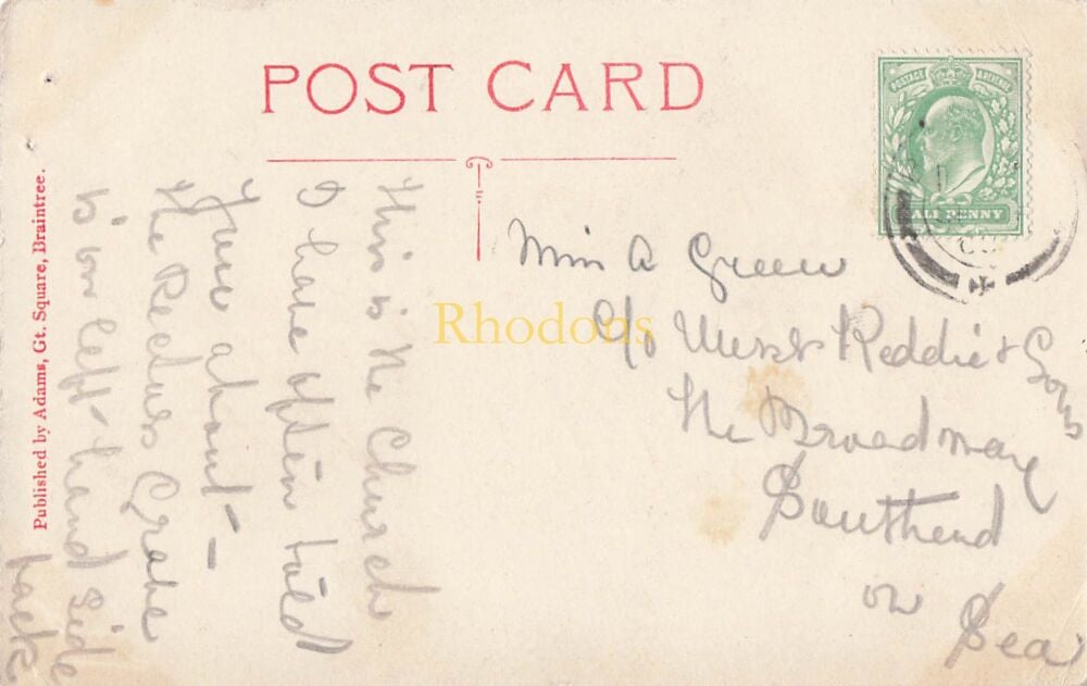 Essex Postcard- Rayne Church, Rayne, Braintree, Essex-Early 1900s Adams PC | Miss GREEN / Keddies, Southend