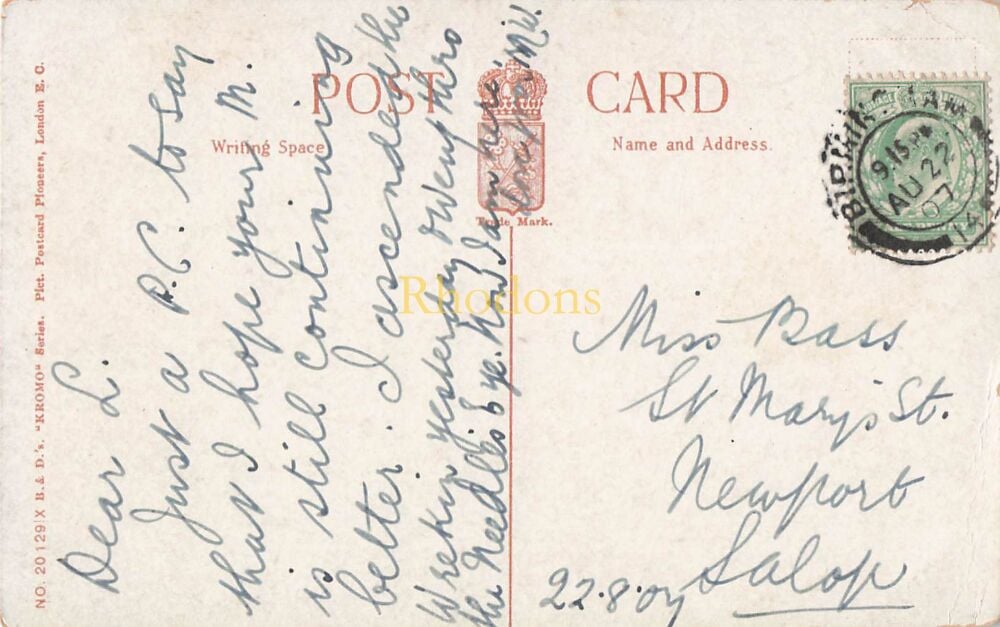 Birmingham Postcard-The Cathedral Church of St Philip, Birmingham. Early 1900s Kromo Series | Miss BASS, Newport, Salop, 1907