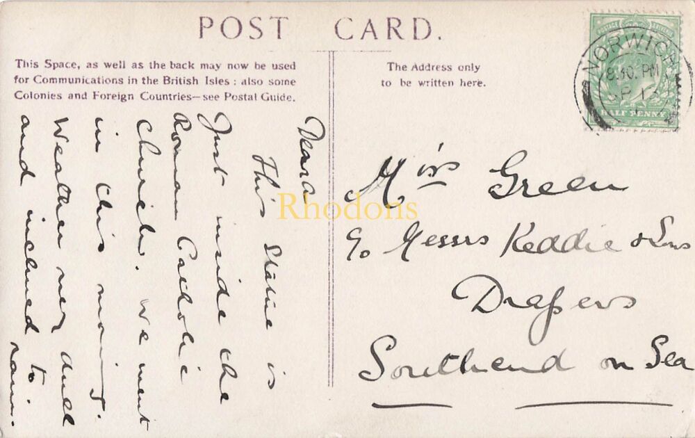 Norfolk Postcard-St Johns RC Cathedral, Norwich-Early 20thC RPPC | Miss GREEN / KEDDIE Drapers Southend