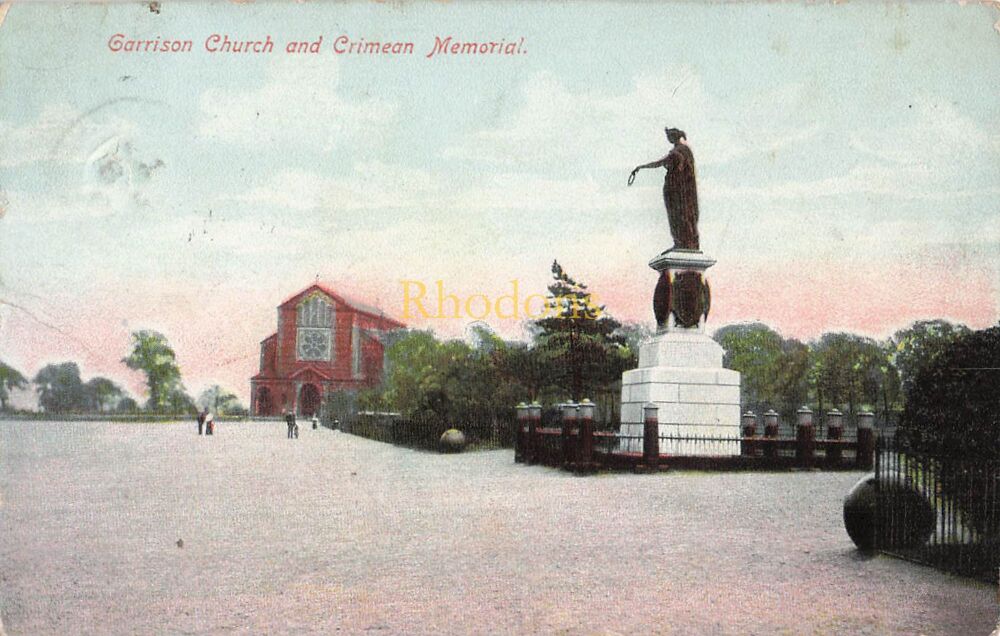 London Postcard-Woolwich-Garrison Church and Crimean Memorial-Early 1900s Local Publisher | Miss JAMES 1910