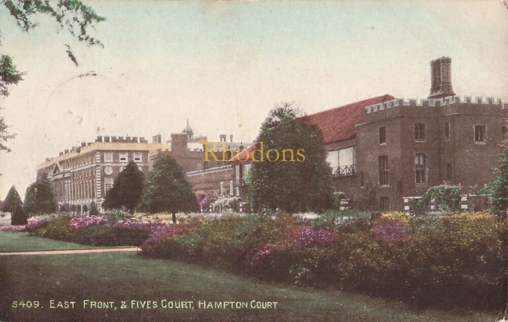 Surrey Postcard-Hampton Court, East Front & Fives Court-Salmon Sepia Style PC | Miss Betty EATON, Southend on Sea, 1928